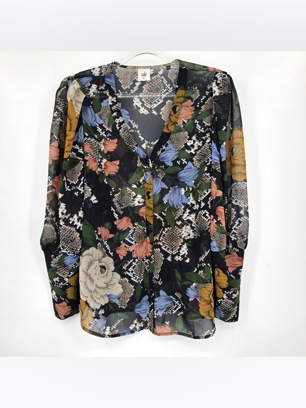 Cabi Snake Charmer Blouse Large Black Semi Sheer Long Sleeve Floral V Neck